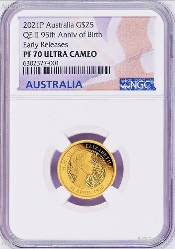 2021年エリザベス女王95歳誕生日記念 .9999ゴールド 25ドル プルーフコイン NGC PF70 1,000枚