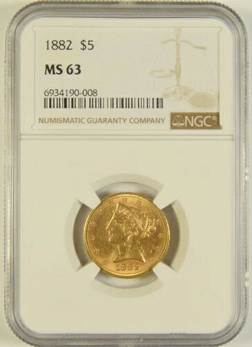 1882年 5.00ドル リバティゴールド NGC MS-63 #90-008