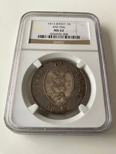 ジャージー諸島：3シリング 1813年 非常に希少、NGC-MS-62..推定価格：$1870
