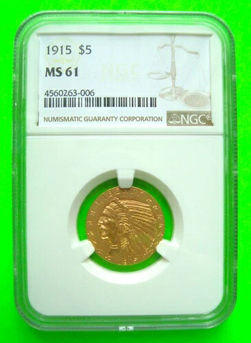 1915年 インディアン 5ドル金貨ハーフイーグル - NGC MS61 - 素晴らしい金貨 + 送料無料