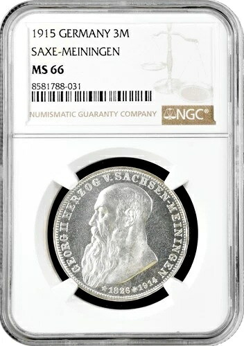 ザクセン＝マイニンゲン 3マルク 1915年、NGC MS66、「ゲオルク2世の死」銀貨