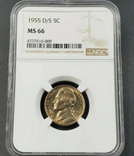 1955 D/S ジェファーソン ニッケルコイン 新品 NGC MS66 オーバーミントマーク キーバラエティ ジェム BU
