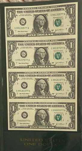2003年および2006年世界準備金通貨交換：未カットの1ドル、2ドル、5ドル、10ドル、20ドル、50ドルのシート