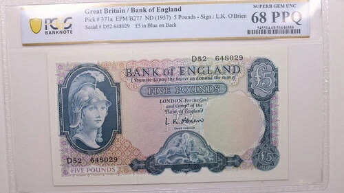 （1957年）5ポンド、イギリス、PCGS CU-68 PPQ、ストア番号GWC047｜WORLD RESOURCE【KING店】