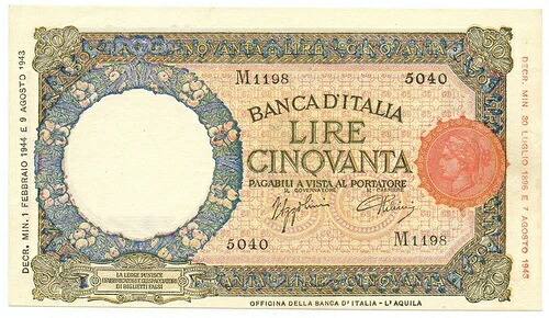 50リラ CAPRANESI LUPA CAPITOLINA MARG. STRETTO RETRO BI RSI 01/02/1944 SUP+