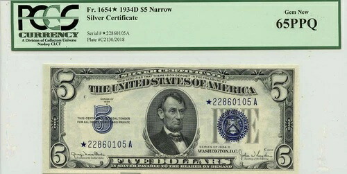 1934年製 5ドル シルバー サーティフィケート ナロー Fr# 1654* PCGS Gem 65PPQ