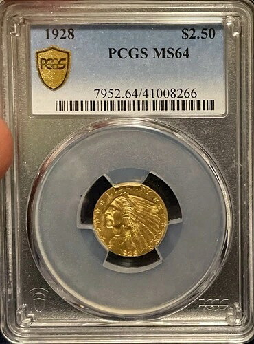 1928 年 2.50 ドル ゴールド クォーター イーグル * MS64 PCGS * PCGS ゴールド シールド付き!