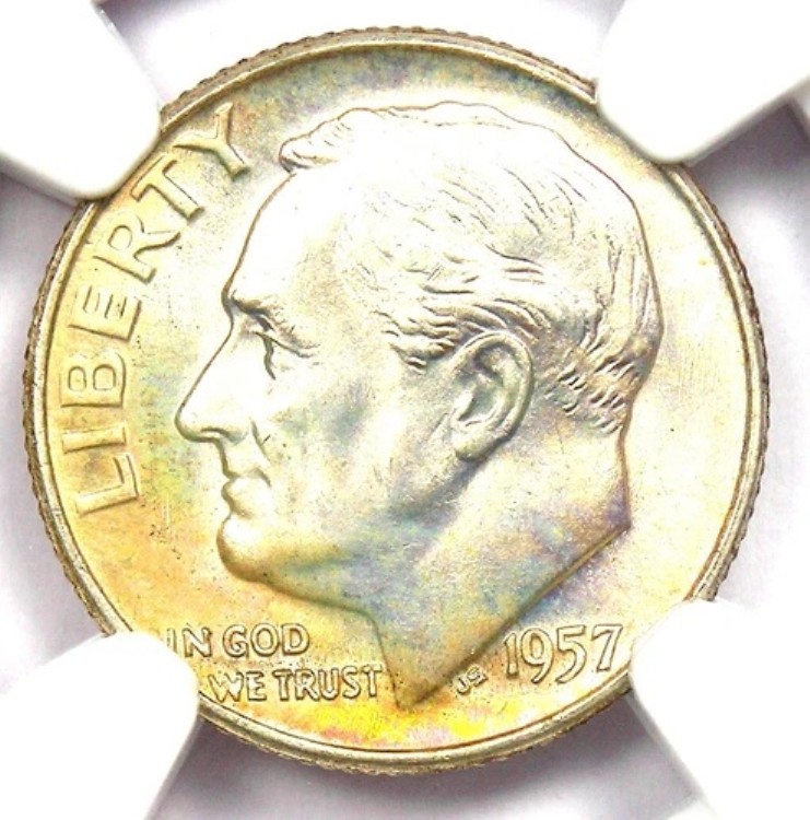 1957-D ルーズベルト ダイム 10セントコイン - NGC MS68 FT (FB) 認定 - 1,700ドル相当