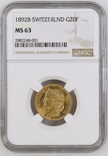 1892B スイス 金貨 20フラン KM-31 NGC MS-63