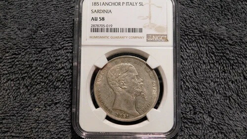 イタリア サルデーニャ 1851 P 5 リラ アンカー NGC AU58 POP 2/3 CAT $2,600 MS60 光沢あり!|WORLD RESOURCE【KING店】