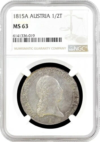 オーストリア 1/2ターラー 1815 A、NGC MS63、「皇帝フランツ2世（1806 - 1835）」