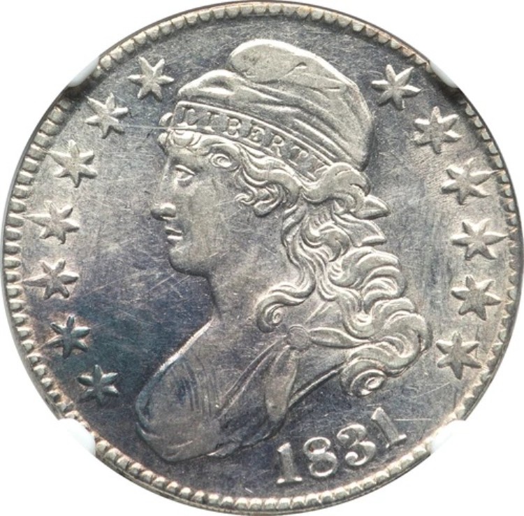 1831 年 キャップド バスト ハーフ ドル NGC AU58 強い光沢、美しいバイオレット トーン、ほぼ PL!｜WORLD RESOURCE【KING店】