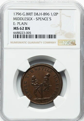 イギリス - 1796年 ミドルセックス - スペンスの1/2ペニートークン - NGC MS62 BN - 非常に良い|WORLD RESOURCE【KING店】