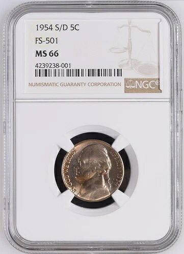 1954-S/D NGC MS66 Pop 43、数値的にゼロより良好!劇的なD/Sジェファーソンニッケル|WORLD RESOURCE【KING店】