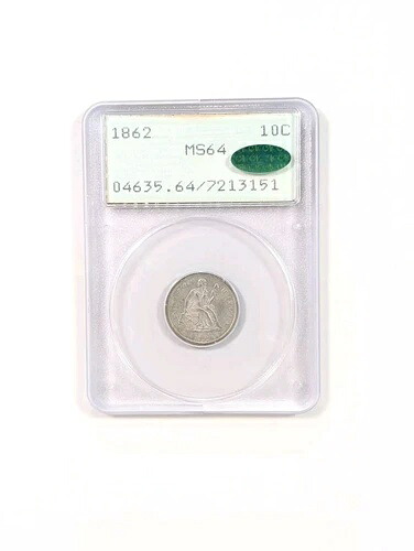 1862年 着席型リバティダイム 10セント PCGS MS64 グリーン CAC ~ ヴィンテージ OGH ラトラーホルダー｜WORLD RESOURCE【KING店】