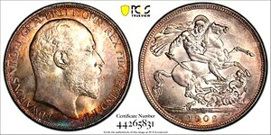 イギリス 1902年 キング・エドワード8世 クラウン PCGS MS-63 レインボートーン