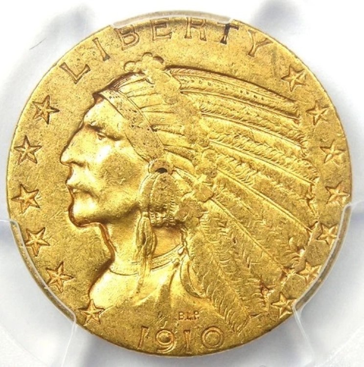 1910-S インディアンゴールドハーフイーグル5ドルコイン - PCGS AU58 - 希少年号 - 価値1,250ドル