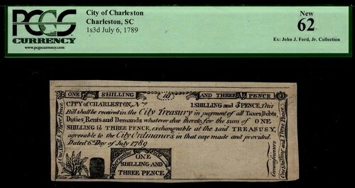 SC-197「トップポップ」PCGS CU62 1s3d 1789年7月6日 サウスカロライナ植民地通貨