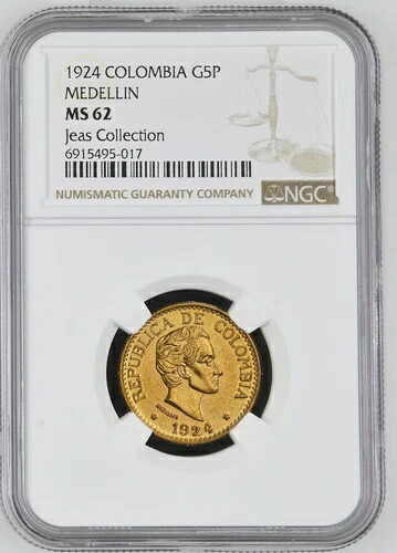 コロンビア、メデジン、金 5 ペソ、1924 年、通常の日付、NGC MS 62. Restrepo-455.1 431,145円
