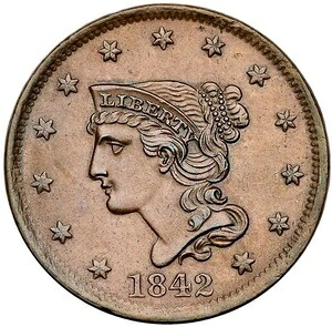 1842年 N-6 R-1 PCGS MS 62 BN 編み込みヘア ラージセントコイン 1セント｜WORLD RESOURCE【KING店】
