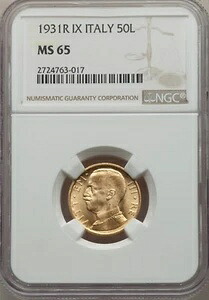 イタリア 1931-R YR. IX 50リラ ジェム 未流通金貨、NGC認定 MS65