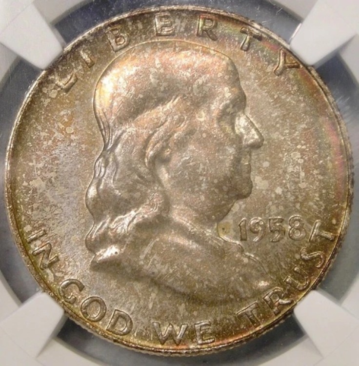 1958年 D フランクリン シルバー ハーフダラー レインボー トーニング チョイス PQ GEM++ NGC MS 67 FBL|WORLD RESOURCE【KING店】