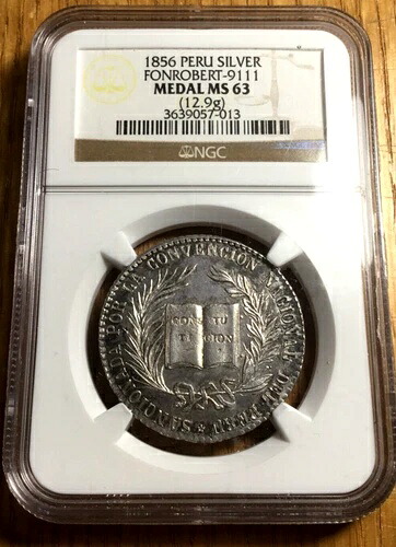 1856年ペルー憲法制定会議メダル NGC MS 63 銀 リマ 4レアル 自由｜WORLD RESOURCE【KING店】