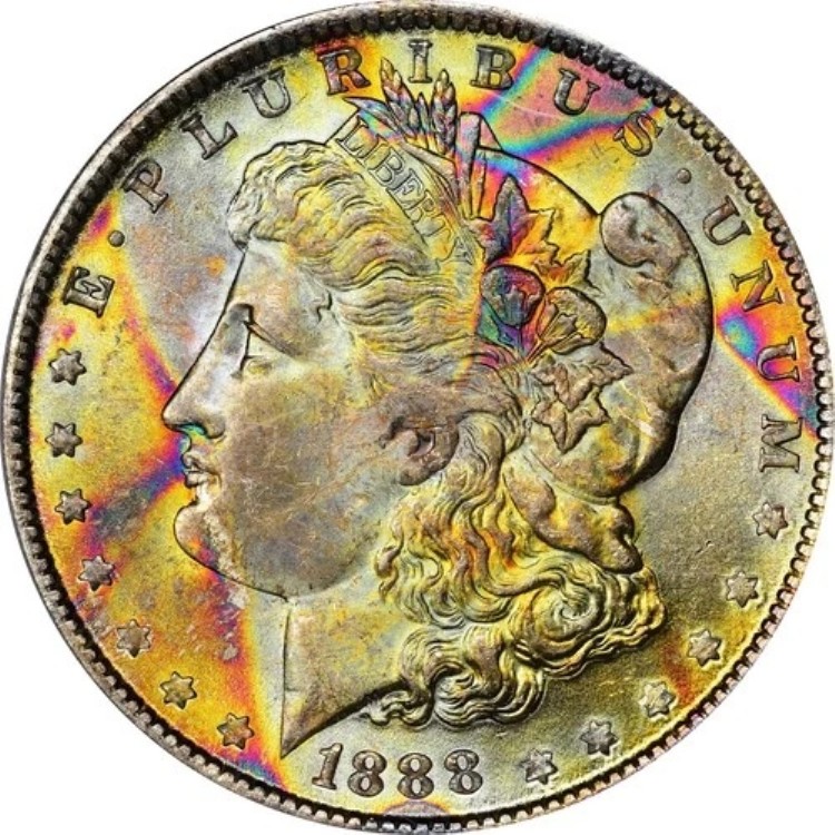 1888年 MS63 PCGS - EOR - ロールエンドレインボートーン - モルガンシルバーダラーAA｜WORLD RESOURCE【KING店】