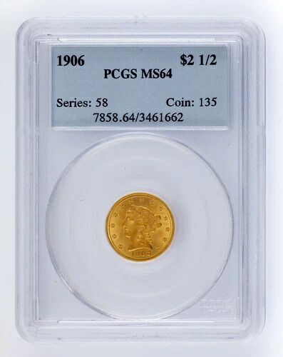 1906年金貨 G$2.50 リバティヘッド、PCGSによるMS64認定！ ゴージャスなクォーターイーグル！