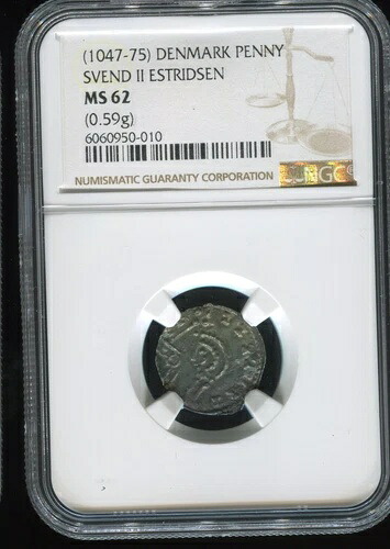 1047-1075年 バイキングデンマーク王スヴェンド2世 シルバーペニー | NGC MS62 | 送料無料