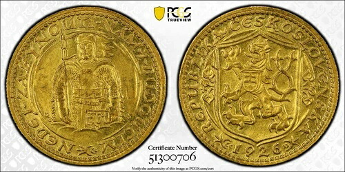 1926年 PCGS MS63 チェコスロバキア 金貨 1ドゥカット チェコ 未流通コイン
