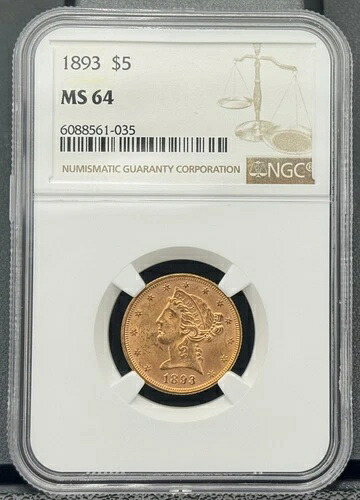1893年 P $5 リバティ ハーフイーグル 未流通金貨、NGC MS 64、投資グレード|WORLD RESOURCE【KING店】