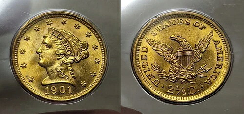 1901年 2 1/2ドル金貨 クォーターイーグル PCGS MS 63 オールドラトラーホルダー｜WORLD RESOURCE【KING店】