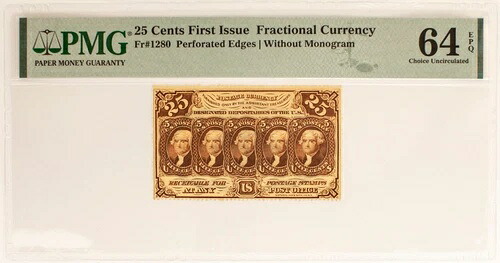 Fr-1280、25セントワシントン、初発行、米国分数通貨、PMG 64EPQ