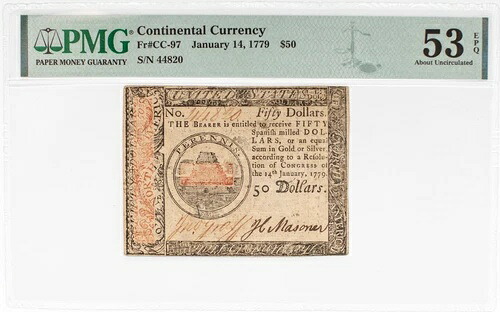 神父様CC-97、1779 年 1 月 14 日、50 大陸通貨、「ペレニス」、PMG 53EPQ｜WORLD RESOURCE【KING店】