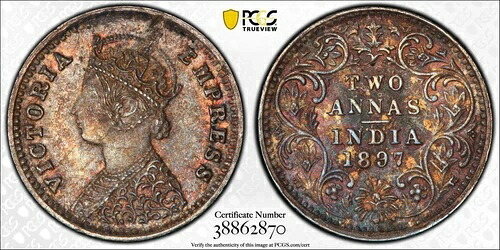 1897年 B インド イギリス 2 アンナ - ビクトリア シルバー PCGS MS62｜WORLD RESOURCE【KING店】