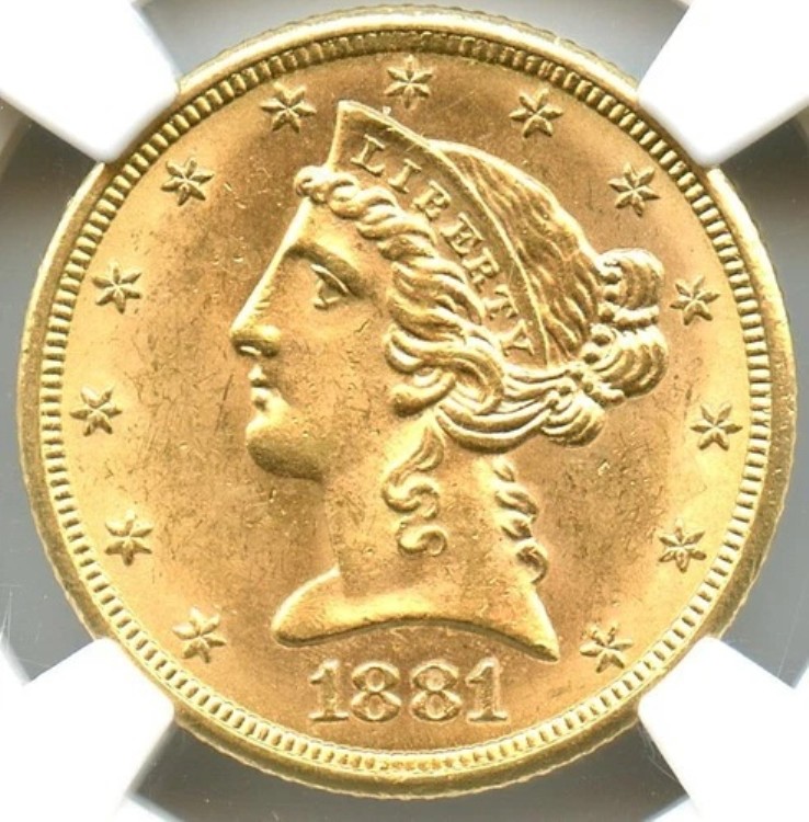 1881 年 5 ドル金リバティ ハーフ イーグル、NGC MS-63 CAC、派手で明るい金貨!