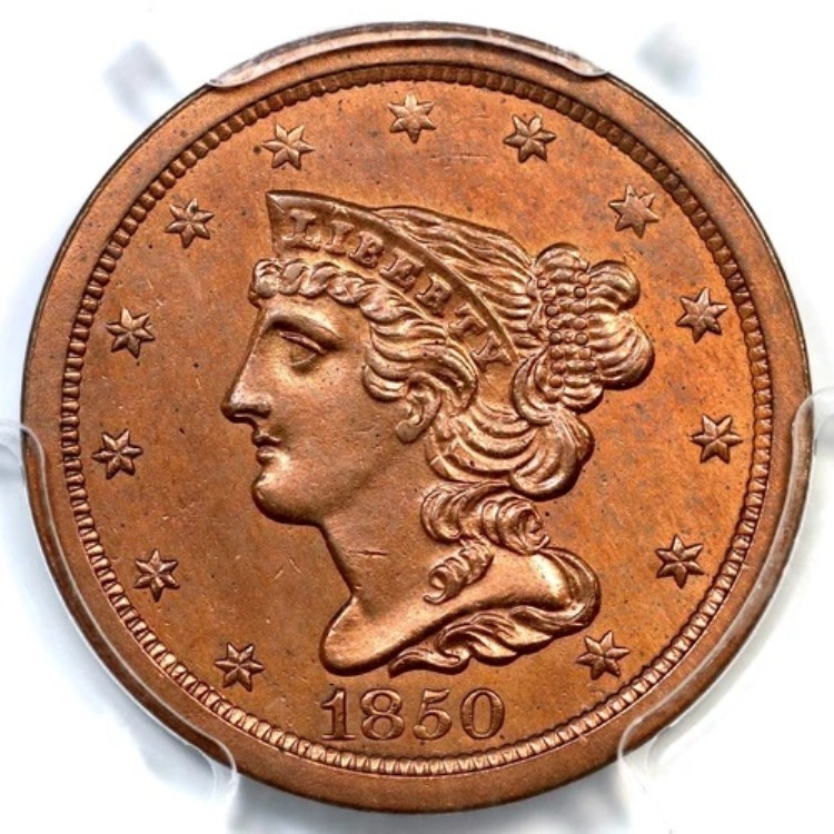 1850 C-1 R-2- PCGS AU 詳細 編み込みヘア ハーフセントコイン 1/2c｜WORLD RESOURCE【KING店】