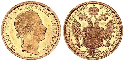 オーストリア・ハンガリー帝国 1ドゥカート 1863年 フランツ・ヨーゼフ1世 ほぼ未使用 120695