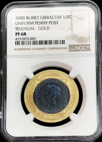 2000年 金＆チタン ジブラルタル バイメタル 1/2 クラウン ユニフォーム ペニーポスト NGC PF 68