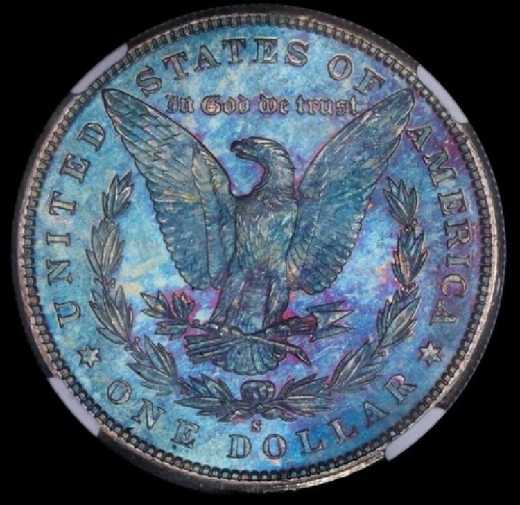 1881年 S モルガン銀貨 NGC MS66 レインボートーン モンスター ブルーベリーバーストカラー