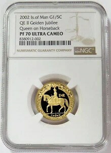 2002年 ゴールド 500 マン島 1/5オンス クラウン ゴールデンジュビリー NGC プルーフ 70 UC