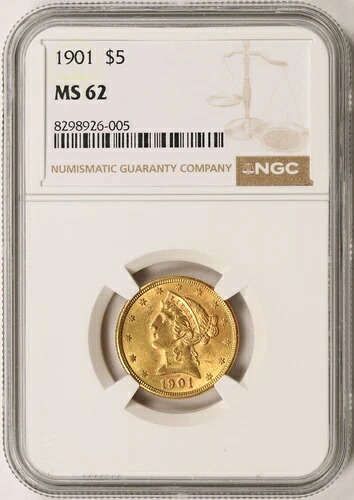 1901年 5ドル金貨 リバティ・ハーフイーグル NGC MS62