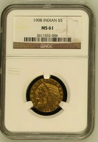 1908年金貨ハーフイーグル5ドルインディアンヘッドNGC MS-61 1933年以前の金貨｜WORLD RESOURCE【KING店】