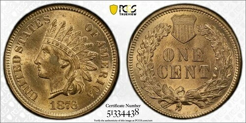 1876年インディアンヘッドセント PCGS MS64 RD フルレッドビューティーペニー 1セントコイン 送料無料