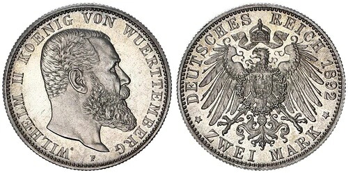 ヴュルテンベルク 2 マルク 1892 F ヴィルヘルム2世 新品同様 - 未使用 125043｜WORLD RESOURCE【KING店】