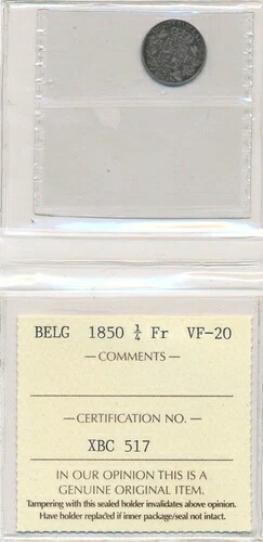 1850年ベルギー1/4フラン硬貨 ICCS VF20 鑑定済み - 送料無料