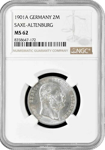 ザクセン アルテンブルク 2 マーク 1901 A、NGC MS62、「エルンスト 2 世公爵 (1853 - 1908)」｜WORLD RESOURCE【KING店】