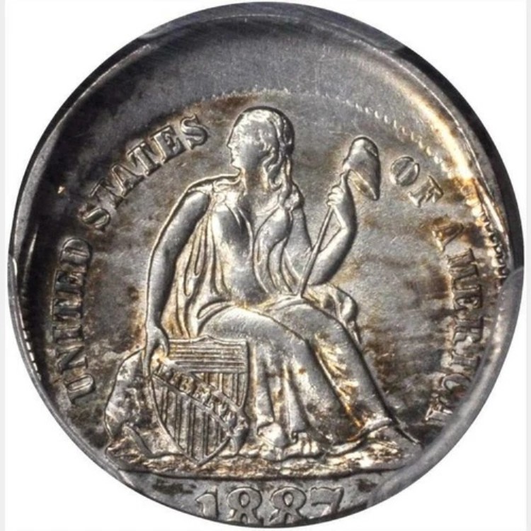 1887年 リバティ・シーテッド・ダイム - 中央から10% オフで打刻 - AU-58 (PCGS)｜WORLD RESOURCE【KING店】