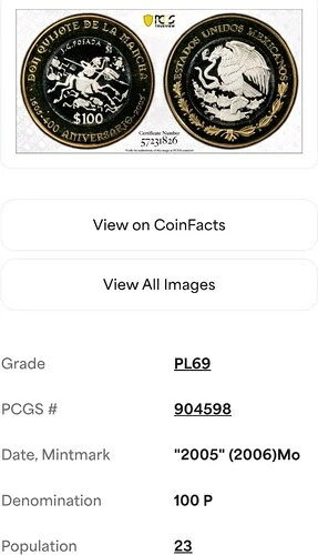 メキシコ 2005年 100ドル ペソ PCGS PL69 キホーテ プルーフ ドット付き Mo ミント